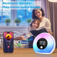 Load image into Gallery viewer, Wake-Up Light Alarm Clock - Kids Night Light Alarm Clock with Bluetooth Speaker Dimmable 4 Level Brightness Colorful Lighst Bedside Lamp Music Player for Kids, Party, Bedroom, Camping
