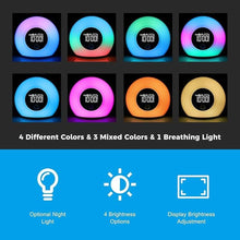 Load image into Gallery viewer, Wake-Up Light Alarm Clock - Kids Night Light Alarm Clock with Bluetooth Speaker Dimmable 4 Level Brightness Colorful Lighst Bedside Lamp Music Player for Kids, Party, Bedroom, Camping
