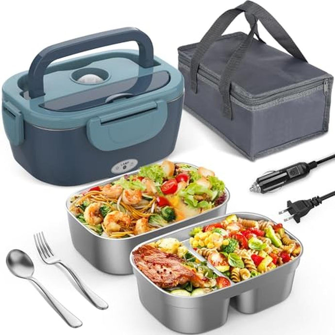 WisaKey Electric Lunch Box with 2 Stainless Steel Containers, 60-80W Heated Lunch Box for Adults, 12V 24V 110V 220V Portable Food Warmer LunchBox for Car Truck Work, Driver Trucker Gift
