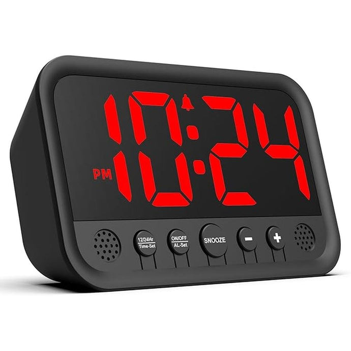 Small LED Digital Clock for Bedroom, Loud Alarm Clock for Heavy Sleepers Adults, Teens | Plug-In Electric Desk Clock | Simple Bedside Nightstand Clock with Adjustable Volume/Brightness/Snooze – Red
