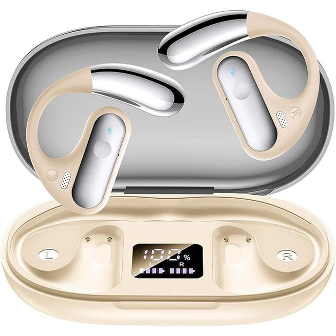 Open Ear Bluetooth 5.4 Earbuds, 2024 Wireless Headphones Sport Over Earphones Built-in Mic with Ear Hooks 50H Playtime Ear Buds LED Display Charging Case, Waterproof Design for Running Fitness, Khaki