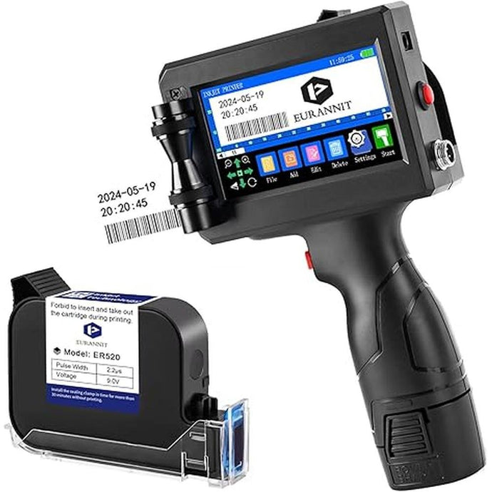 Handheld Inkjet Printer 0.5 in, E15 Portable Handheld Printer Gun with ER520 Fast-Drying Ink, 0.5 Inch Nozzle for Text Barcode Date Logo Print on Carton Cloth Wood Plastic Metal Glass