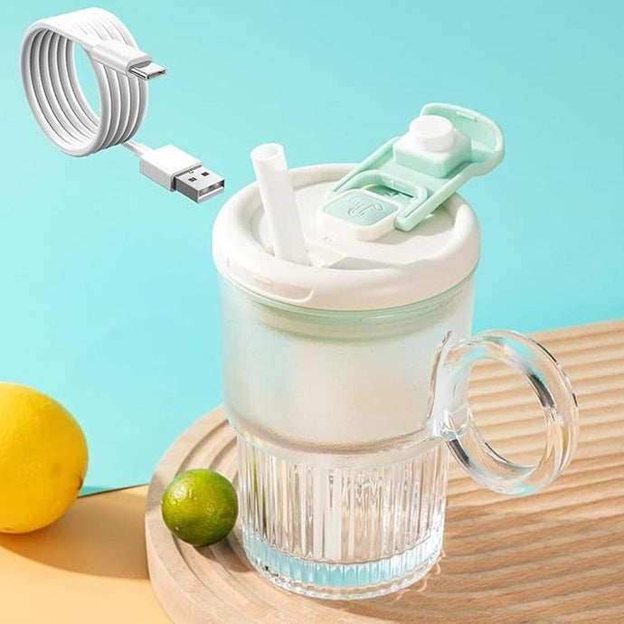 Automatic Electric Self Stirring Travel Coffee Mug With Straw - High Speed Mixing Cup for Protein Shakes, Waterproof Glass (Cyan)