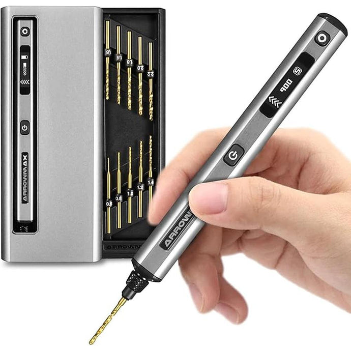 AM ARROWMAX Mini Drill Pen, 5-Speed, LED Lights, OLED Display, Resin Drill Set With 10 Small Bits, Aluminium Box, For Jewelry Making, Wood, Plastic (SDS)