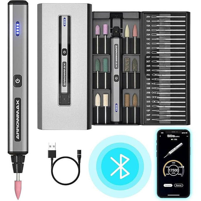 AM ARROWMAX Mini Engraving Pen, Cordless Rotary Tool with 36 Bits, Aluminum Case, Bluetooth, APP, Wireless Magnetic Charge, Engraving Tool for Jewelry, Wood, Glass, Carving (SGS MINI)