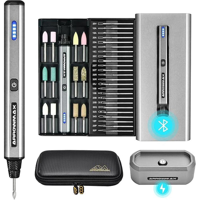 AM ARROWMAX Electric Mini Engraving Pen with 36 Bits, Aluminum Case, APP, Wireless Magnetic Charger, Tool Bag, Cordless Rotary Tool, Engraving Pen for Metal, Wood, Glass and Plastic (SGS MINI PLUS)