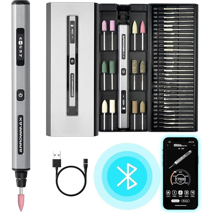AM ARROWMAX Smart Mini Electric Engraving Pen, HollowCup Motor, 42 Bits with Aluminum Case, OLED, Magnetic Charge, Mini Rotary Tool?Cordless Engarving Pen for Metal, Wood, Glass and Plastic (SGS PRO)