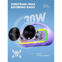 Load image into Gallery viewer, Portable Bluetooth Speaker, 30W (Peak) Wireless Speaker for Outdoor, Up to 12H Playtime, IPX5 Waterproof with Light, TWS Pairing, for Home/Party/Outdoor/Beach, Birthday Gift (Chilled Lilac)
