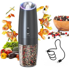 Load image into Gallery viewer, CIRCLE JOY Gravity Electric Pepper Grinder Rechargeable Salt Grinder Pepper Griner Mill Electric with LED Light, No Battery Needed, Adjustable Coarseness, Washable 135ml Container, Black
