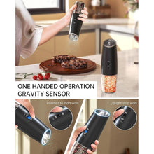 Load image into Gallery viewer, CIRCLE JOY Gravity Electric Pepper Grinder Rechargeable Salt Grinder Pepper Griner Mill Electric with LED Light, No Battery Needed, Adjustable Coarseness, Washable 135ml Container, Black
