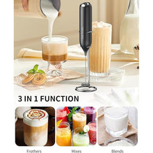 Load image into Gallery viewer, CIRCLE JOY Milk Frother Hanheld with Stand, Electric Coffee Frother, Battery Operated Hand Frother Wand Drink Mixer Mini Foamer for Matcha Lattes Cappuccino, Kitchen Gifts, Black
