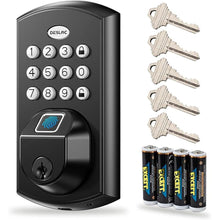 Load image into Gallery viewer, DESLOC A100F Keypad Fingerprint Door Lock, Keyless Entry Door Lock, Smart Lock Deadbolt for Front Door, Easy Installation, Emergency Power Port,12 Months Battery, IP54 Waterproof, 5 Keys
