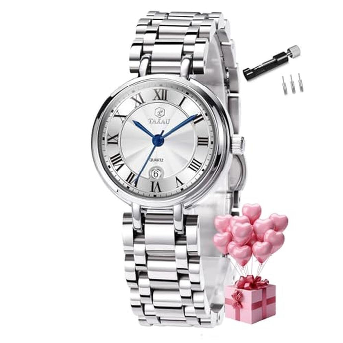 Taxau Silver Watches for Women Stainless Steel Watch Ladies Dress Watch for Small Wrist Analog Quartz Women Waterproof Watch Elegant Women s Wristwatch Female Watch with Date Number Minimalist