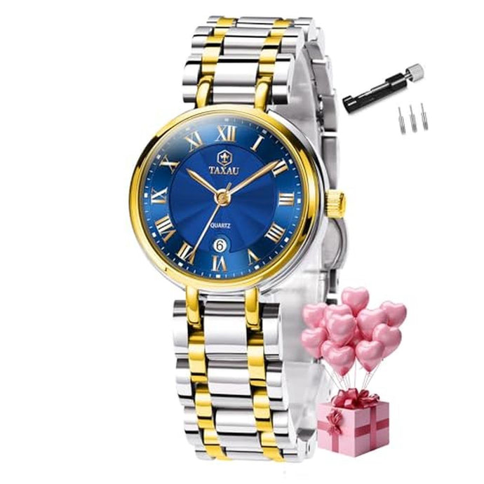 Taxau Waterproof Watches for Women Ladies Dress Watch for Small Wrist Quartz Stainless Steel Women Watch with Date Silver Gold Two Tone Watch Blue Face Dainty Wristwatches Roman Number