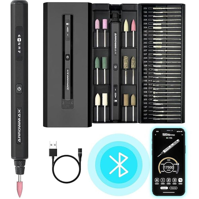 AM ARROWMAX Mini Engraving Pen with 42 Bits - Rotary Tool Smart Motion Control, OLED, Bluetooth, APP, Wireless Magnetic Charge, Engraving Pen for Metal, Wood, Glass and Plastic (SGS PRO) Black