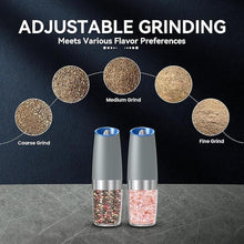 Load image into Gallery viewer, Gravity Electric Salt and Pepper Grinder set of 2, Automatic Salt And Pepper Grinder Set, Adjustable Roughness, Battery Powered, LED Light, 2 Pack, (Light Grey)
