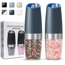 Load image into Gallery viewer, Gravity Electric Salt and Pepper Grinder set of 2, Automatic Salt And Pepper Grinder Set, Adjustable Roughness, Battery Powered, LED Light, 2 Pack, (Grey)
