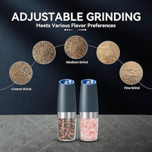 Load image into Gallery viewer, Gravity Electric Salt and Pepper Grinder set of 2, Automatic Salt And Pepper Grinder Set, Adjustable Roughness, Battery Powered, LED Light, 2 Pack, (Grey)
