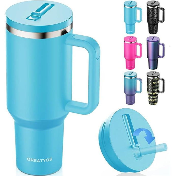 40 oz Tumbler with Handle and Flip Straw Lid - Upgraded Insulated Traveler Tumblers with Lids Straws Vacuum Leak Proof Stainless Steel 40oz Cup Mug Gifts for Men Women Him Her (Pool)