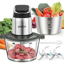 Load image into Gallery viewer, Ganiza Food Processor, 2-Speed Food Chopper Meat Grinder with 8 Cup Stainless Steel &amp; 8 Cup Glass Bowls, Upgraded Button &amp; Smart Overheat Protection Light - Includes Clean Brush, 2 Sets of Blades
