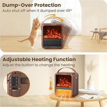 Load image into Gallery viewer, Small Portable Space Heater for Indoor use with Realistic 3D Flame, Mini Electric Fireplace Heater with Thermostat, 1500W/750W PTC Ceramic Heating, Tip-Over Safety Switch, Walnut
