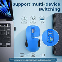 Load image into Gallery viewer, Wireless Bluetooth Mouse (USB + BT1 + BT2), Full Size, 4-Way Scrolling, Multi-Device Silent Mouse for Computer, Laptop, iPad, MacBook (Blue)
