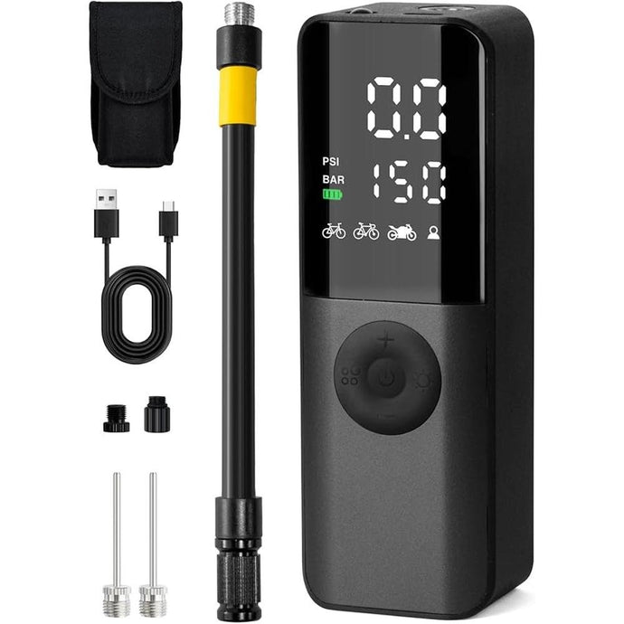 BG01 Portable Bike Tire Air Pump for Presta, Schrader, Dunlop Valve, Fast Inflation 150Psi Electric Bicycle Inflator with Digital Pressure Gauge Suitable for Road Bike, Mountain Bike, E-Bike