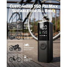 Load image into Gallery viewer, BG01 Portable Bike Tire Air Pump for Presta, Schrader, Dunlop Valve, Fast Inflation 150Psi Electric Bicycle Inflator with Digital Pressure Gauge Suitable for Road Bike, Mountain Bike, E-Bike

