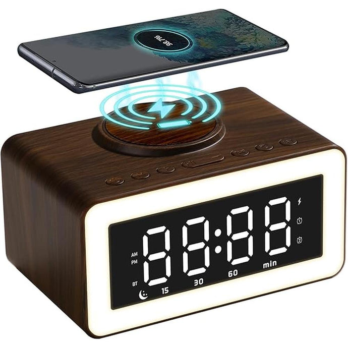 Wooden Bluetooth Speaker Alarm Clock with Wireless Charging, 0-100% Adjustable Brightness Dimmer, 2 Alarms, 9 Mins Snooze, 12/24h, Led Night Digital Clock for Bedrooms, Office,Travel(Black)