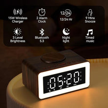 Load image into Gallery viewer, Wooden Bluetooth Speaker Alarm Clock with Wireless Charging, 0-100% Adjustable Brightness Dimmer, 2 Alarms, 9 Mins Snooze, 12/24h, Led Night Digital Clock for Bedrooms, Office,Travel(Black)
