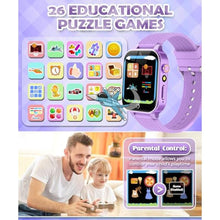 Load image into Gallery viewer, TGFBH Kids Smart Watch for Girls Age 5-12 Toys with 26 Games 2 Screen Protectors HD Touchscreen Video Camera Music Player Pedometer Learn Card Audiobook Toddler Watches Boys Birthday Gifts (Purple)
