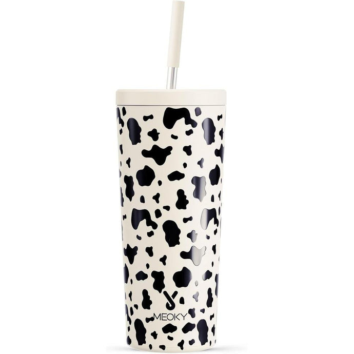 Meoky 24 oz Insulated Tumbler with Lid and Straw, Stainless Steel Vacuum Insulated Tumbler, Keeps Cold for 24 Hours, 100% Leak Proof, Fits in Car Cup Holder (Cow)