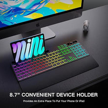 Load image into Gallery viewer, Wireless Keyboard with 7 Colors &amp; 4 Modes RGB Backlit, Ergonomic Keyboard with Wrist Rest, Phone Tablet Holder, 2.4G Light Up Computer Keyboard with Numeric Keypad for Mac, Windows
