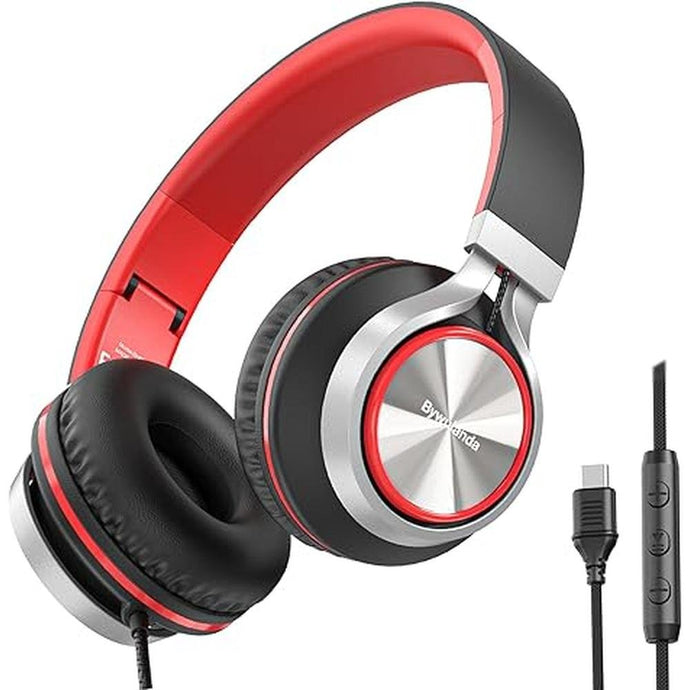 USB C Headphones with Mic and Volume Control, Hi-Fi Stereo Sound for iPhone 15 16 Pro, Wired Over-Ear Headphones for Smartphones Chromebook Laptop Tablets Travel(Black/Red)