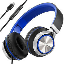 Load image into Gallery viewer, USB C Headphones with Mic and Volume Control, Over Ear Stereo Headsets for iPhone 15 16 Pro, Wired Foldable Headphones for Smartphones Chromebook Laptop Tablets Travel(Blue/Black)
