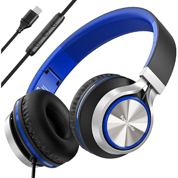 USB C Headphones with Mic and Volume Control, Over Ear Stereo Headsets for iPhone 15 16 Pro, Wired Foldable Headphones for Smartphones Chromebook Laptop Tablets Travel(Blue/Black)
