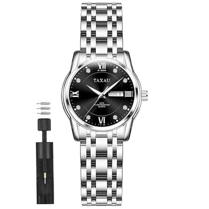 Taxau Watches for Women Luxury Diamond Women Watch Waterproof Stainless Steel Women s Wrist Watches for Small Wrist Luminous Business Dress Ladies Watch Minimalist Casual Watch with Day Date Black Face
