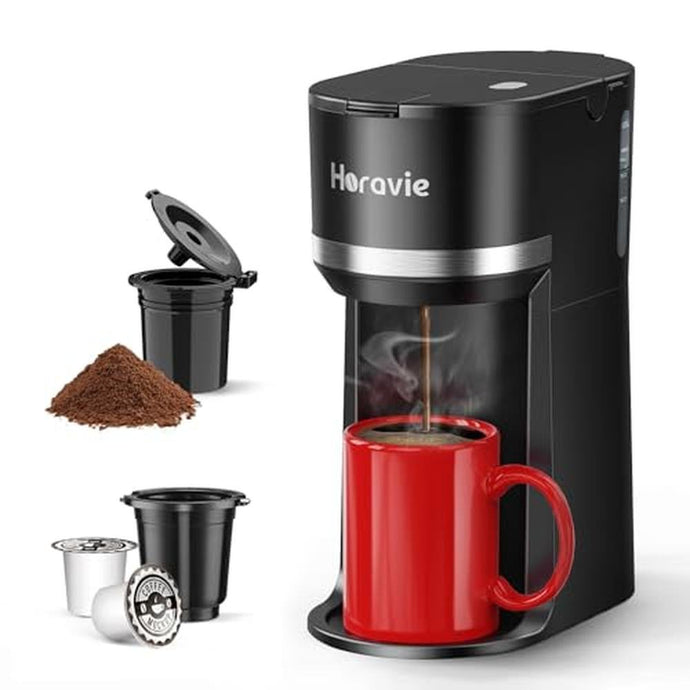Horavie Mini Single Serve Coffee Maker for K Cup and Ground Coffee, Fast Brew One Cup Coffee Machine with Descaling Reminder and Water Window, 6 to 12 oz. Brew Sizes, Black