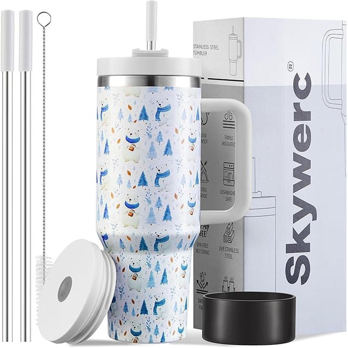 40 oz Tumbler with Handle and Straw, 2 Lids (2 in 1 & LeakProof Lid) - Vacuum Insulated Stainless Steel Double Wall Water Bottle Travel Mug - Holiday Gifts for Women Men - Snow Bear