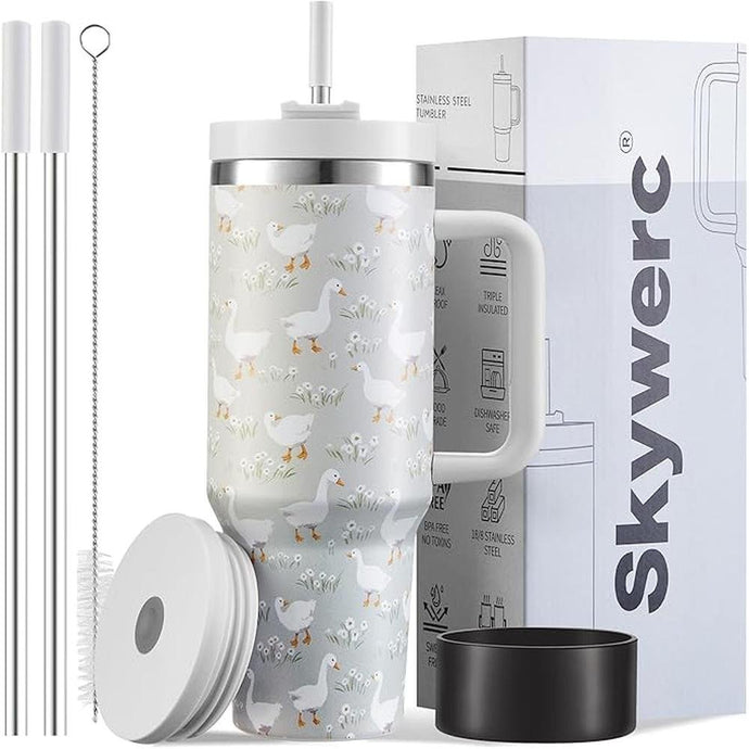 40 oz Tumbler with Handle and Straw, 2 Lids (2 in 1 & LeakProof Lid) - Vacuum Insulated Stainless Steel Double Wall Water Bottle Travel Mug - Holiday Gifts for Women Men - Duck