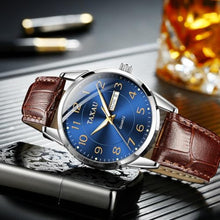 Load image into Gallery viewer, Taxau Leather Watch Blue Large Face Simple Easy Read Watches for Men Fashion Casual Dress Men Watch Arabic Numerals Brown Leather Day Date Water Resistance Man Wrist Watches
