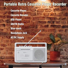 Load image into Gallery viewer, Cassette Tape Player and Tape Cassette Recorder with Bluetooth Boombox, AM/FM Radio, USB, Earphone Jack, Built-in Microphone, DC/AC Powered, Portable Cassette Player Recorder(White)
