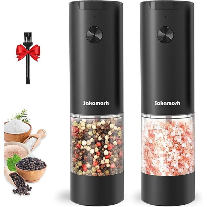 Automatic Salt and Pepper Grinder Set, Battery Operated (Not Included), Adjustable Coarseness with LED Light, ELectric Pepper and Salt Shakers Refillable, 95ml Large Capacity(2 Packs, Black)