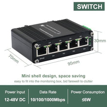 Load image into Gallery viewer, Mini 5-Port Gigabit Ethernet Switch - Industrial-Grade Unmanaged Network Switch with 12-48VDC Power Input, Din-Rail or Wall Mount,Fast Connection,Plug and Play, Rugged Metal Case
