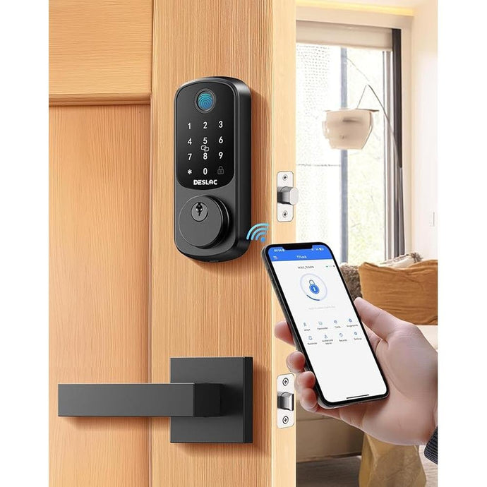 DESLOC B200 Fingerprint Smart Door Lock with 2 Lever Handles, App Control, Smart Locks for Front Door, Deadbolt Smart Lock, Electronic Keypad Deadbolt Lock, Emergency Power Port, 12 Months Battery