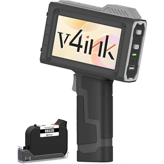 v4ink BT-HH6205B Handheld Inkjet Printer, 16H Endurance, 0.5in Print Height, Print Number Text Barcode QR-Code Logo Image on Clothes Carton Plastic Tube Glass Metal, Any Flat or Curved Surfaces