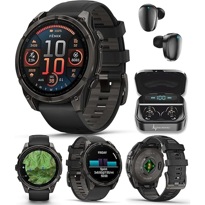Wearable4U Garmin Fenix 8 – 47 mm, AMOLED Sapphire Multisport GPS Smartwatch,Carbon Gray DLC Titanium with Black/Pebble Gray Silicone, Built-in LED Flashlight Black Earbuds Bundle