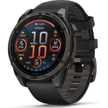 Load image into Gallery viewer, Wearable4U Garmin Fenix 8 – 47 mm, AMOLED Sapphire Multisport GPS Smartwatch,Carbon Gray DLC Titanium with Black/Pebble Gray Silicone, Built-in LED Flashlight Black Earbuds Bundle
