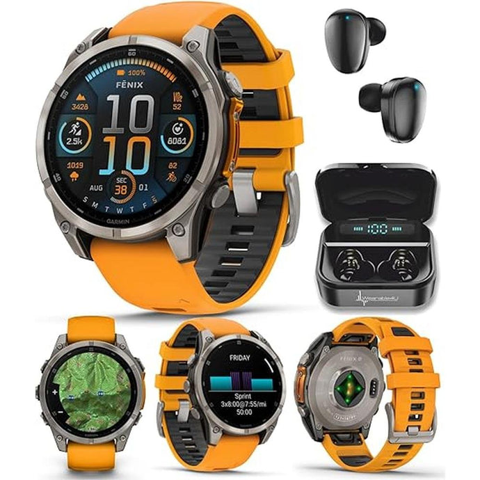 Wearable4U - Garmin Fenix 8 – 47 mm, AMOLED Sapphire Multisport GPS Smartwatch, Titanium with Spark Orange/Graphite Silicone Band, Built-in LED Flashlight with Black Earbuds Bundle