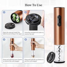 Load image into Gallery viewer, Electric Wine Opener, Battery Operated Wine Opener with Foil Cutter/Indicator Light, Cordless Wine Corkscrew Remover, Automatic Wine Opener for Home(Rose Gold, 4 x AA Batteries Not Included)
